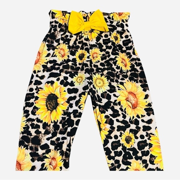 Girls 12-18 Months Sunflower/leopard Print Pants with Yellow Bow ruffled waist - Picture 5 of 10